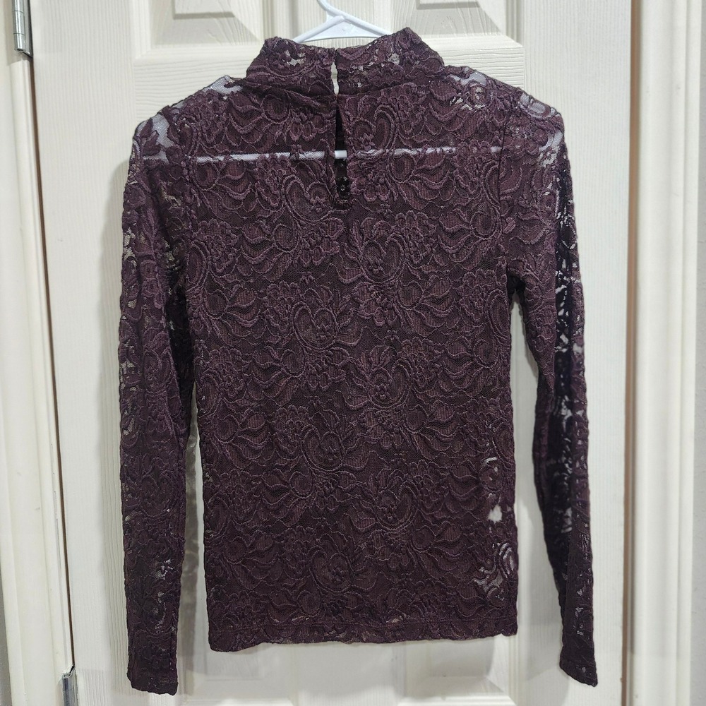LOFT Women XS Petite Brown Floral Lace Mock Neck Long Sleeve Blouse Top - Picture 4 of 7
